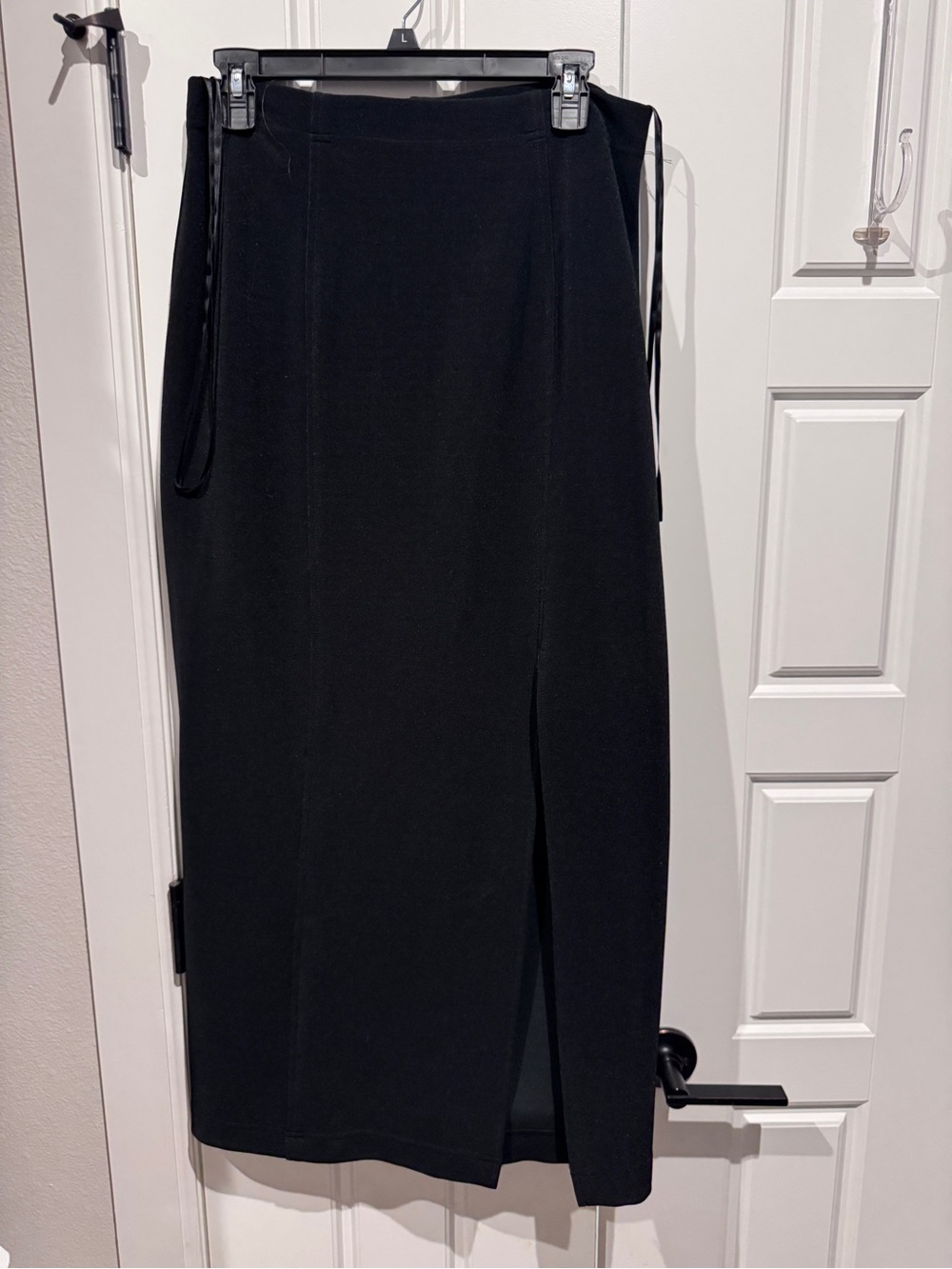 Black Midi Pencil Skirt Front Slit Pull-On Stretch Knit, Size Large
